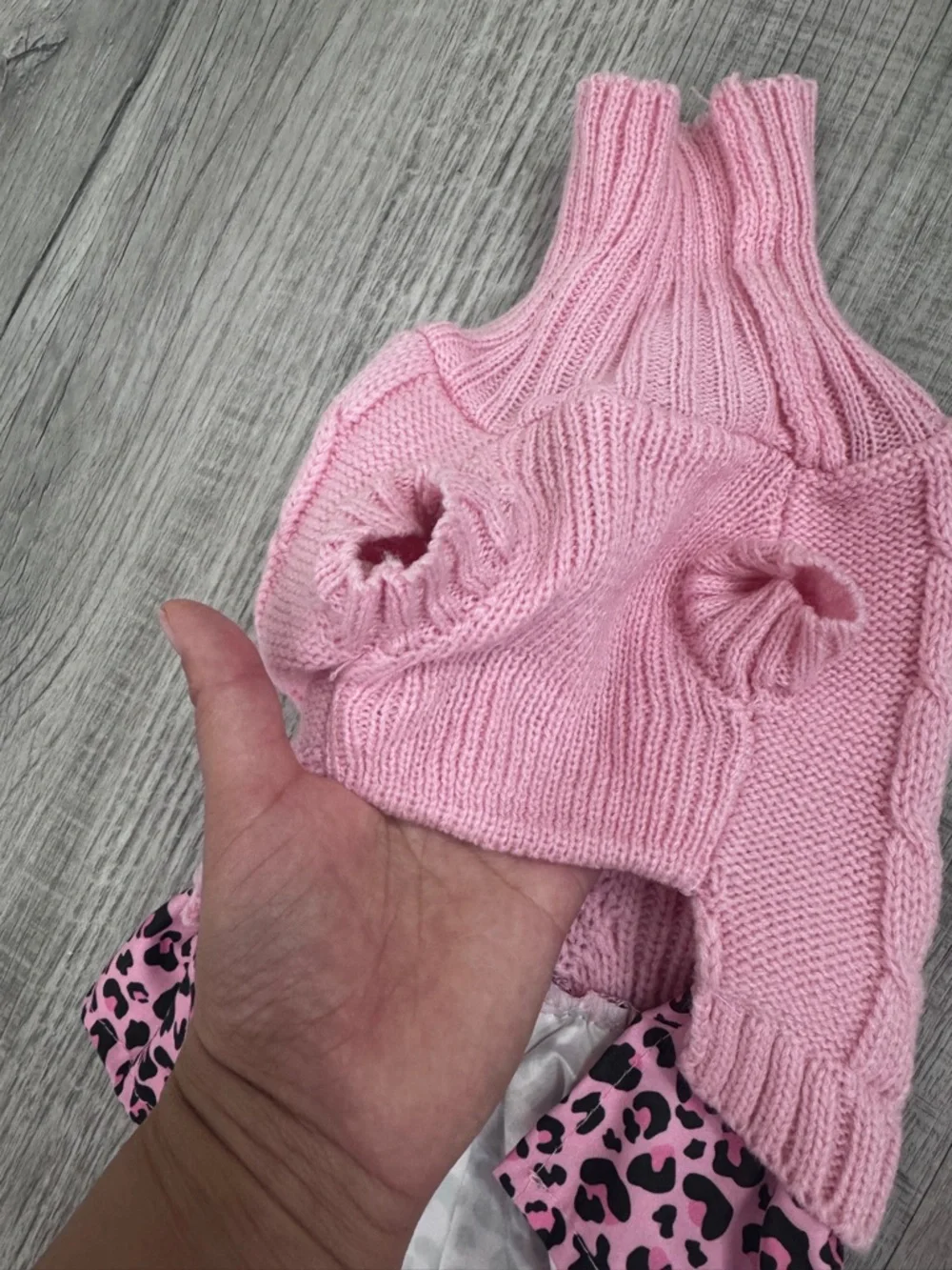 Pink Cable Knit Dog Sweater Dress with Leopard Print Ruffle & Bow Pet Clothes.